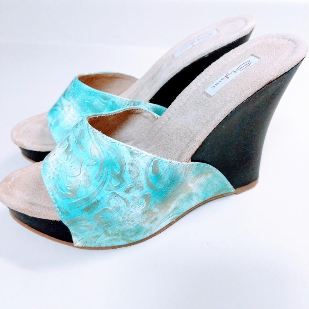 Styluxe size 6 teal marble design platform wedge heel sandal slip on